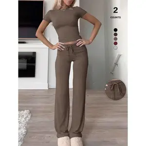 2026 women's two-piece Y2K, fitted baby T-shirt and high waisted flared casual pants, fashionable casual wear sports suit, sports suitRAIMENTRY