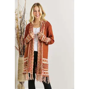 ADORA Full Size Fringe Hem Aztec Border Cardigan Plus Size