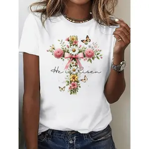 Women Easter Floral T Shirt Comfortable Casual Short Sleeves Crew Neck Ideal for Spring and Summer Machine Washable