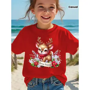 Girls' Short Sleeve T-Shirt with Merry Christmas Print & Red Scarf Bow Applique - Summer Casual Top, Round Neck Holiday Party Outfit for Christmas, Birthdays - Festive Pink Lettering & Holly Berry Design