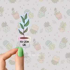 you grow girl holographic stickers, positivity stickers, happiness sticker Flower Boho Books Plant Sticker Book lover Funny Plant Stickers for Tumblers and Water Bottles Waterproof 3"