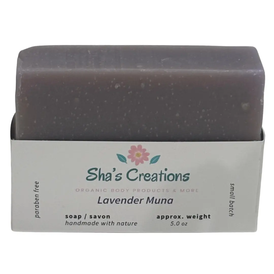 Sha's Organic Skincare Lavender Muna Therapeutic Essential Oil Soap Bar - 5 oz Body Care Moisturizer, All Natural Ingredients Hydrating Cleanser with Soothing Coconut Oil, Single Item