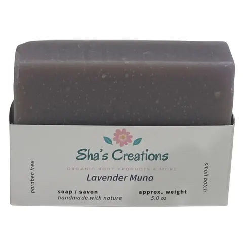 Sha's Organic Skincare Lavender Muna Therapeutic Essential Oil Solid Bar Soap - 5oz Alcohol-Free, Hydrating Coconut Oil Blend, Soothing Aromatherapy Moisturizer, Adult Body Wash Cleanser for All Skin Types
