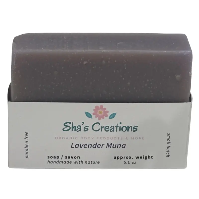 Sha's Organic Skincare Lavender Muna Therapeutic Essential Oil Solid Bar Soap - 5oz Alcohol-Free, Hydrating Coconut Oil Blend, Soothing Aromatherapy Moisturizer, Adult Body Wash Cleanser for All Skin Types