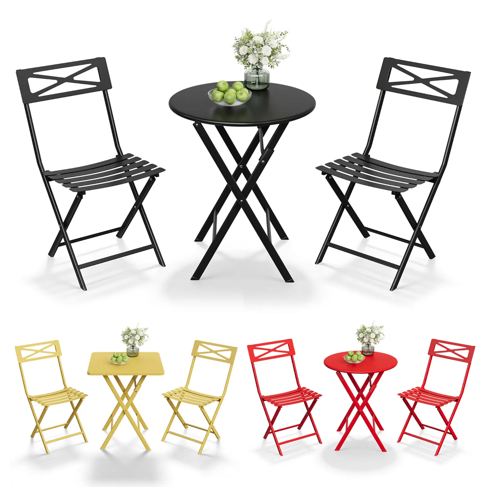 3-Piece Folding Patio Bistro Set, Foldable Outdoor Table and 2 Chairs with Premium Frame, Compact Garden, Balcony & Patio Furniture Set, Black