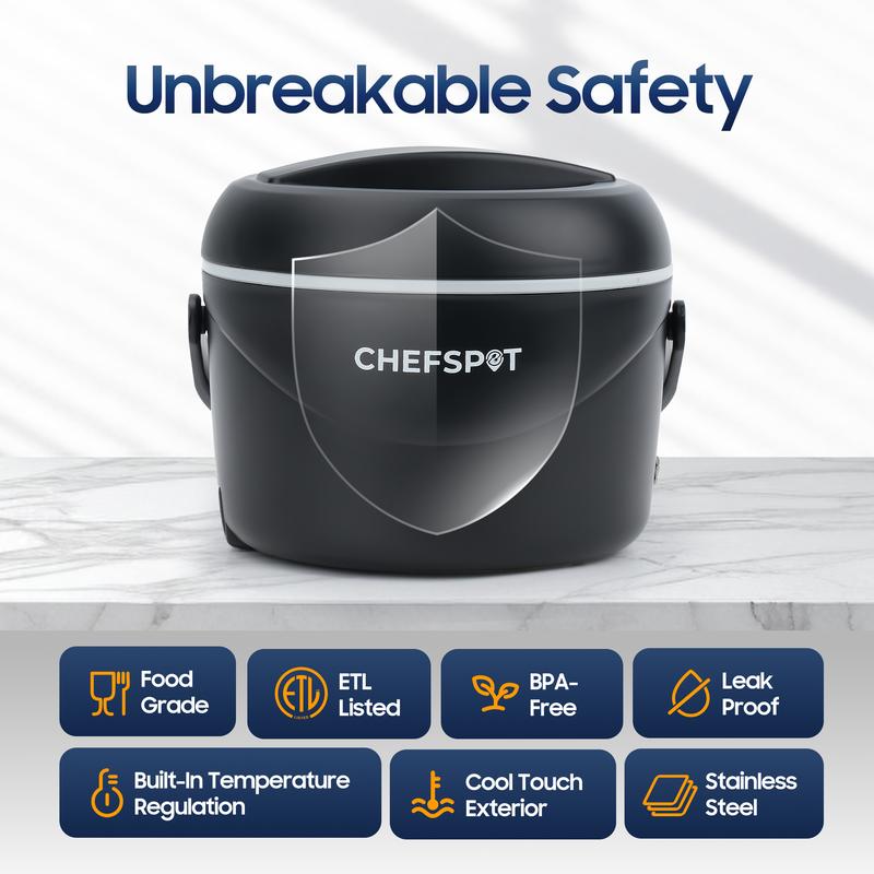 CHEFSPOT 37oz Electric Lunch Box Portable Food Warmer for Car & Home 12V/110V Heated Lunch Box with Stainless Steel Container Leak-Proof BPA-Free Includes Bag & Utensils