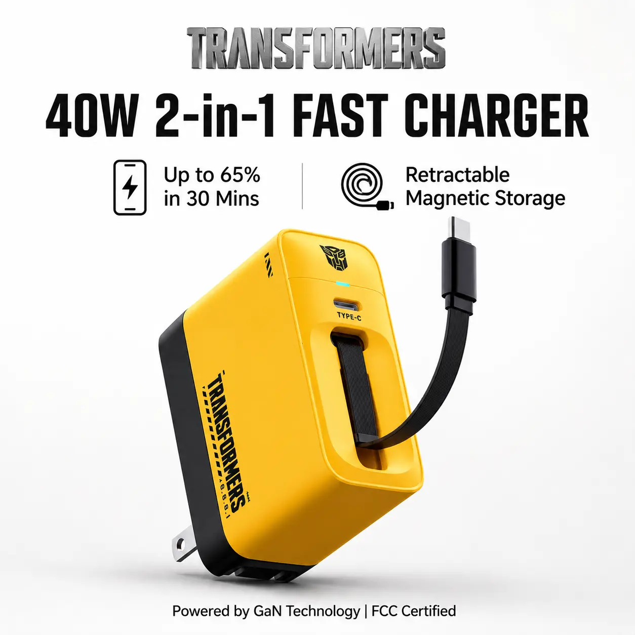 TRANSFORMERS 40W PD Fast USB Charging Wall Charger, Electronic Smartphone Adapter with 80CM Retractable Cable, Compact Portable Travel Charger Compatible with iPhone 15/16/17 Pro Max, Samsung S24/S25 (Includes Charging Cable)
