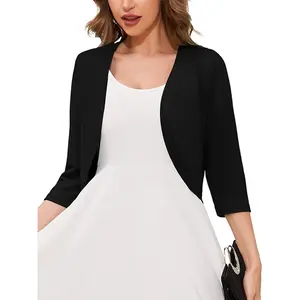 3/4 Sleeve Open Front Cardigan Knit Cropped Bolero Shrug Sweater for Women