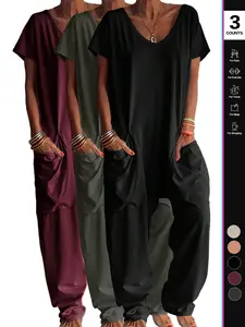 2026 Women's Casual Jumpsuit Overall, Short-Sleeve V-Neck Harem Pants, Loose Fit Wide Leg, Perfect for All Seasons, Stylish & Comfortable