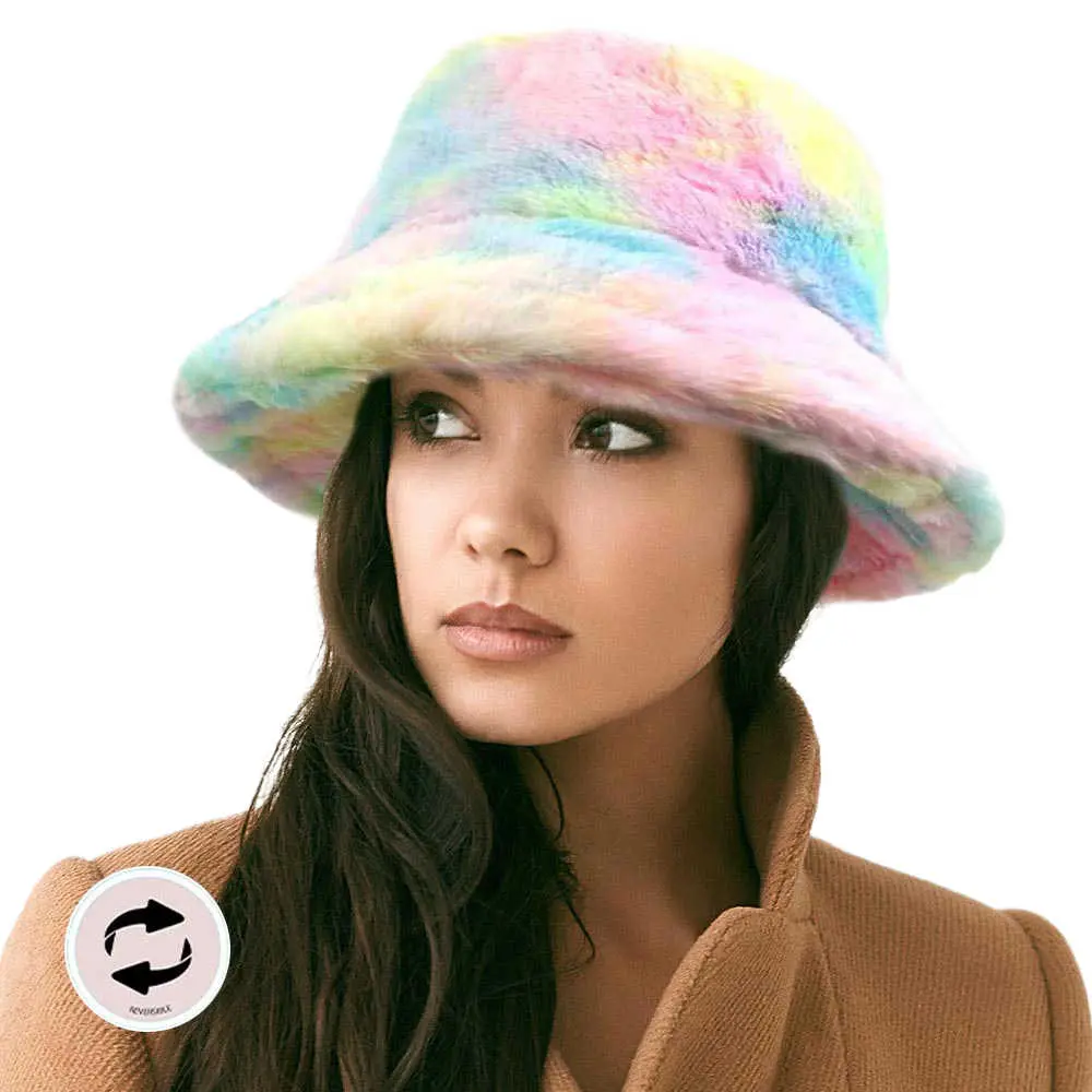 Women's Soft Chunky Faux Fur Bucket Hat - Fur Hats with Short Brim, Double-Sided Reversible Multi-Color Design, Warm, Foldable, Portable for Winter, Chunky Faux Fur Hats