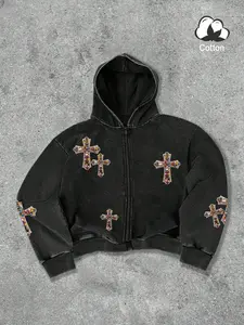 Unisex Y2K Style Colorful Rhinestone Cross Graphic Print Hooded Sweatshirt, Loose-Fitting Cotton Pullover, Casual Streetwear for Fall & Winter，Suitable for streetwear, Y2K style, and gothic style