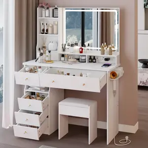 OPUL Makeup Vanity Desk, 41" Large Size Left Drawer Desktop Vanity Table+Cushioned Stool Dresser Set, 2 AC+2 USB Power Station, Hair Dryer Stand, Extra Large Touch Control LED Mirror, 3-color Switch, EPA, GCC, UL Certificate