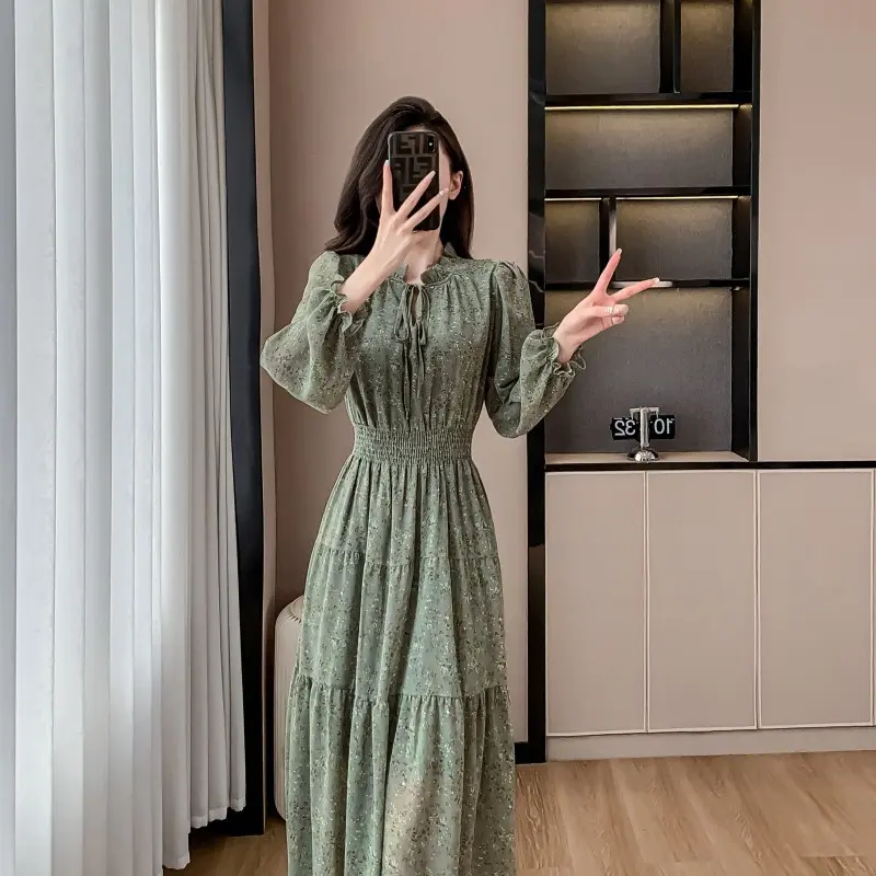 2026 Spring Summer Women's French Vintage Ruffle Neck Dress, Lantern Sleeve  Elastic Waist Slim Fit Print Chiffon Dress - TikTok Shop
