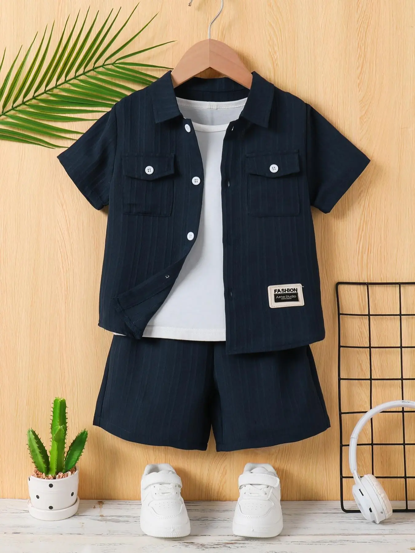 Toddler Boy's Textured Letter Patched Button Front Shirt & Elastic Waist Shorts Set without Tee, Casual Short Sleeve Flap Pocket Collared Top & Shorts