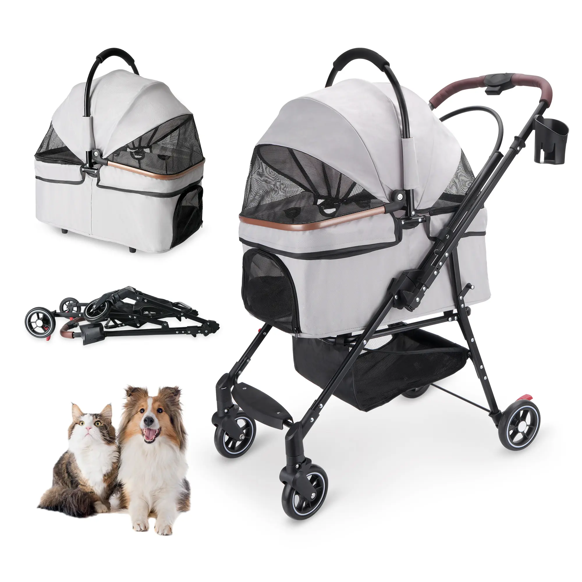 Safety First 4-Wheel Foldable Pet Stroller for Small Dogs - 360° Swivel Wheels, 180° Adjustable Canopy, Detachable Fabric-Leather-Metal Carrier Bag, Breathability, Ample Space, Anxiety-Reducing Environment, Large Storage Basket (Cat Compatible)