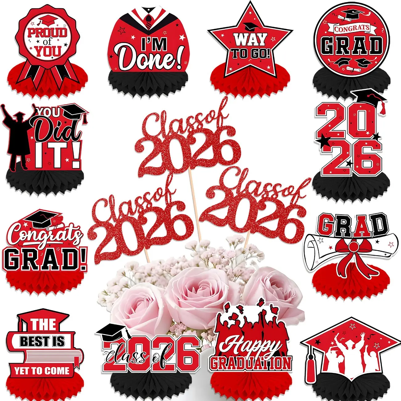 Graduation Party Decoration Kit, 12pcs & Decorations, 2026 Honeycomb Centerpieces, 12 Pcs Grad Table Topper with Sticks, Party Event Props, Grad Party Supplies