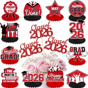 Graduation Party Decoration Kit, 12pcs & Decorations, 2026 Honeycomb Centerpieces, 12 Pcs Grad Table Topper with Sticks, Party Event Props