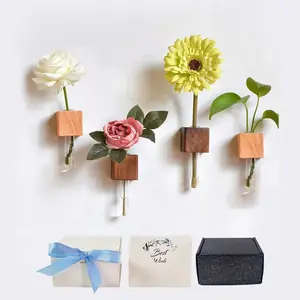 4-Piece Wooden Vases - Wood Blocks with Test for Refrigerator & Locker Decor |   Floral Gift Set with Greeting Card for Mom & Teachers