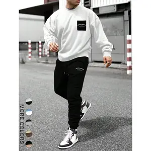 Men's Regular Fit Letter Patched Sweatshirt & Pants Two-piece Set, Casual Round Neck Long Sleeve Pullover & Trousers for Spring & Fall, Men's Two-piece Outfits for Daily Wear