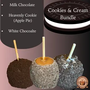 Gourmet Caramel Cookies & Cream Includes 3 Flavors: COOKIES & CREAM: Apple pie. Traditional Chocolate, & White Chocolate