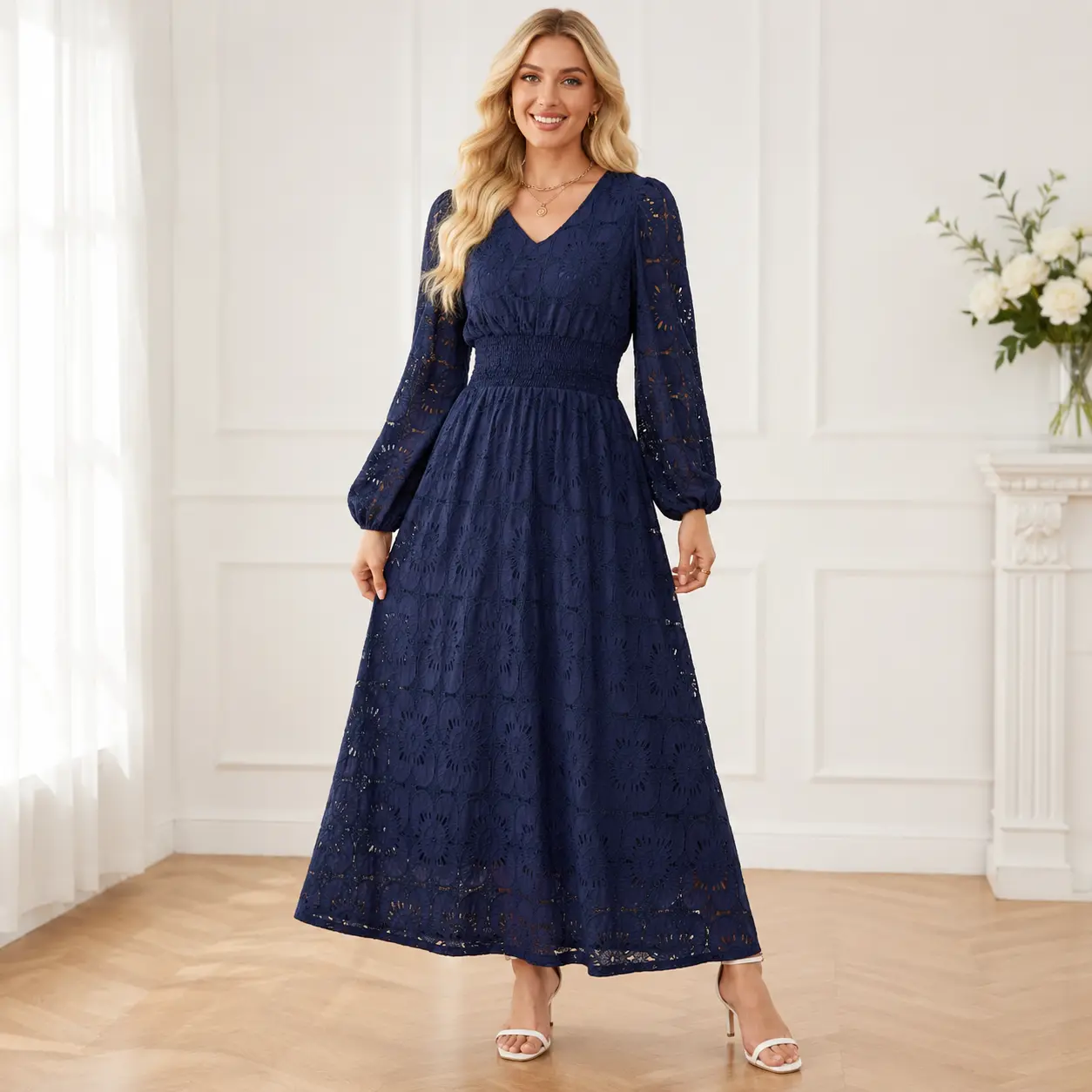 Women's Elegant Boho Floral Eyelet Maxi Dress - V-Neck, Long Puff-Sleeve Drama, Lace, Chic A-Line Fit for Spring Wedding Guests & Parties, Elegance
