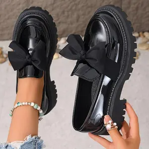 Round Toe Women's Platform Loafers, Slip On Lug Sole Preppy Style Uniform/Work Shoes With Bow Accents