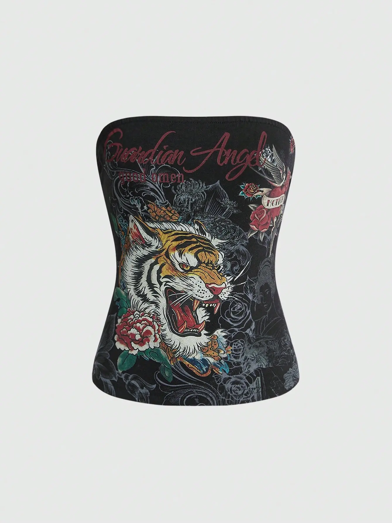 Grunge Punk Women's Tiger Letter Print Bandeau Crop Top, Y2K Strapless Tube Top, Slim Fit Graphic Bustier, Casual Daily Wear Going Out Top