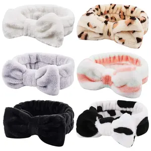 6 Pcs Skincare Headband Bow Hair Band Spa Headband for Women Soft Coral Fleece Headbands for Washing Face Terry Cloth Head Band Makeup Head Band Face Wash Headbands