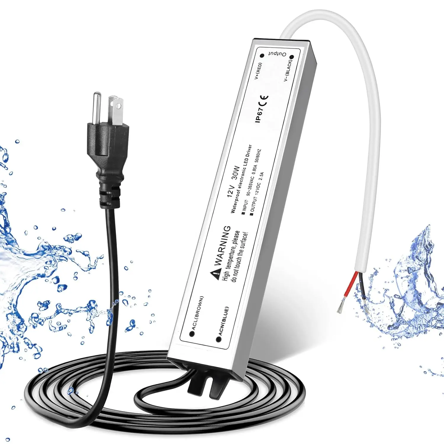 12V 30W LED Power Supply, IP67 Waterproof 12V LED Driver Transformer Adapter 110V AC to 12V DC Low Volta Output with 3-Prong Plug 3.3 Feet Cable for LED Strip Lighting, Outdoor U