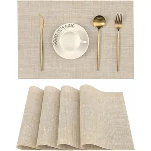 Beige Placemats Set of 4 - Heat Resistant Non-Slip Place mats for Dining Table, Washable Durable PVC Vinyl Woven Table Mats（Beige, 4Coasters Tableware