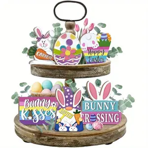 Easter Tiered Tray Decor Set, 7 Counts/set Cute Bunny Farmhouse Tray Decorations, Rustic Easter Spring Decor for Home Kitchen Table Shelf Mantel, Ornaments