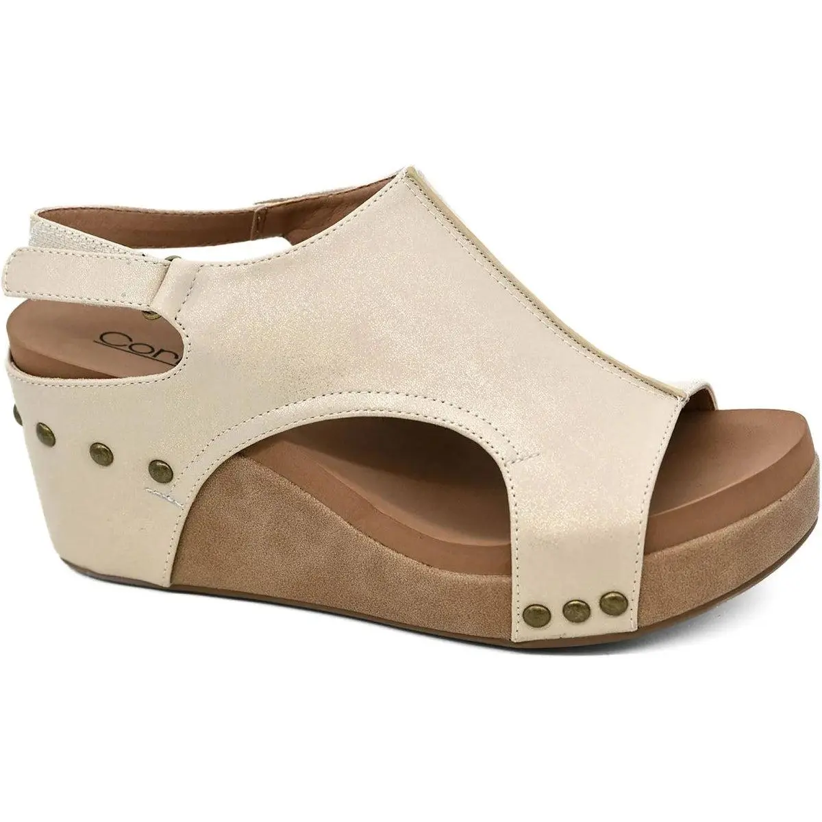 Carley Wedge Sandal, Washed Gold Combo | Corkys