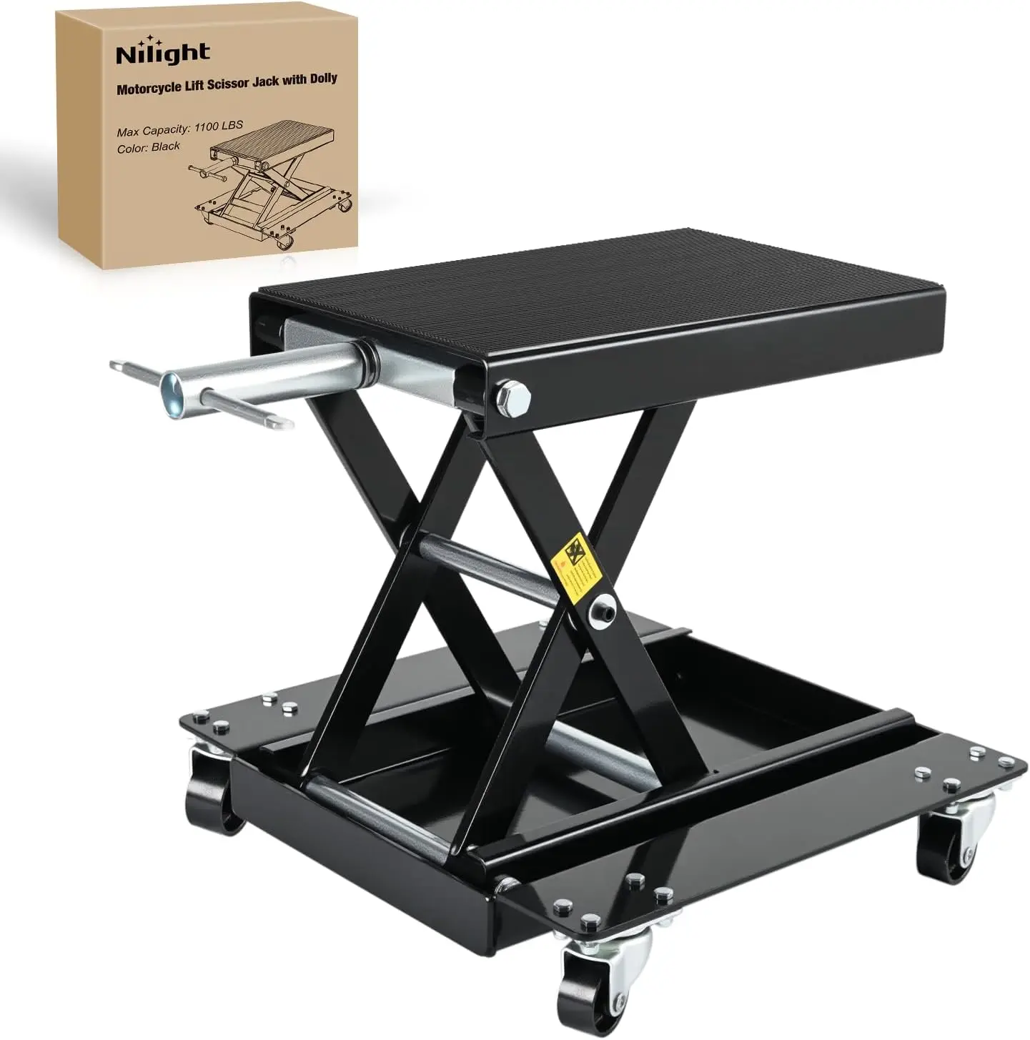 Nilight Heavy-Duty Steel Frame Motorcycle Lift Jack - 1100 lbs Capacity, 5.1"-15.7" Adjustable Height, Rubber Dolly Wheels, Crank Handle, Movable & Easy to Store, Black Bead Breaker & Tire Mounting Tool for Vehicles, Garage Repair, Dirt Bike, Easy To Oper