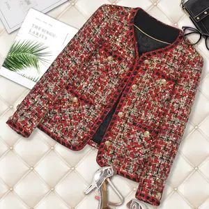 Mingyuan Women's Top for New Style Temperament Sequin Red Long Sleeved Round Neck Coarse Tweed Button High-End Jacket Casual Womenswear