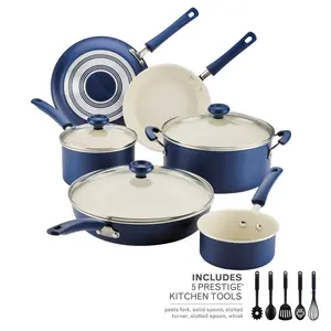 Farberware Easy Clean 14 Pcs Ceramic Nonstick Cookware Set with Cooking Tools, Dishwasher Safe, Blue, Green, Black