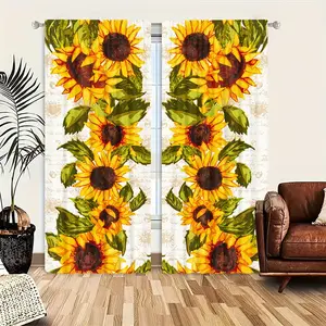 2-piece rural sunflower printed Window Curtain -2D pattern design, semi transparent fabric, suitable for bedroom or living room decoration, sunflower decoration
