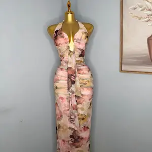 Elegant Floral Halter Maxi Dress with Tie Front and Ruched Design for Women