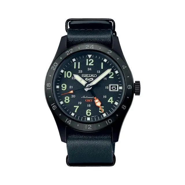 SSK025 Seiko 5 Sports Automatic GMT Black Dial Leather Strap Watch