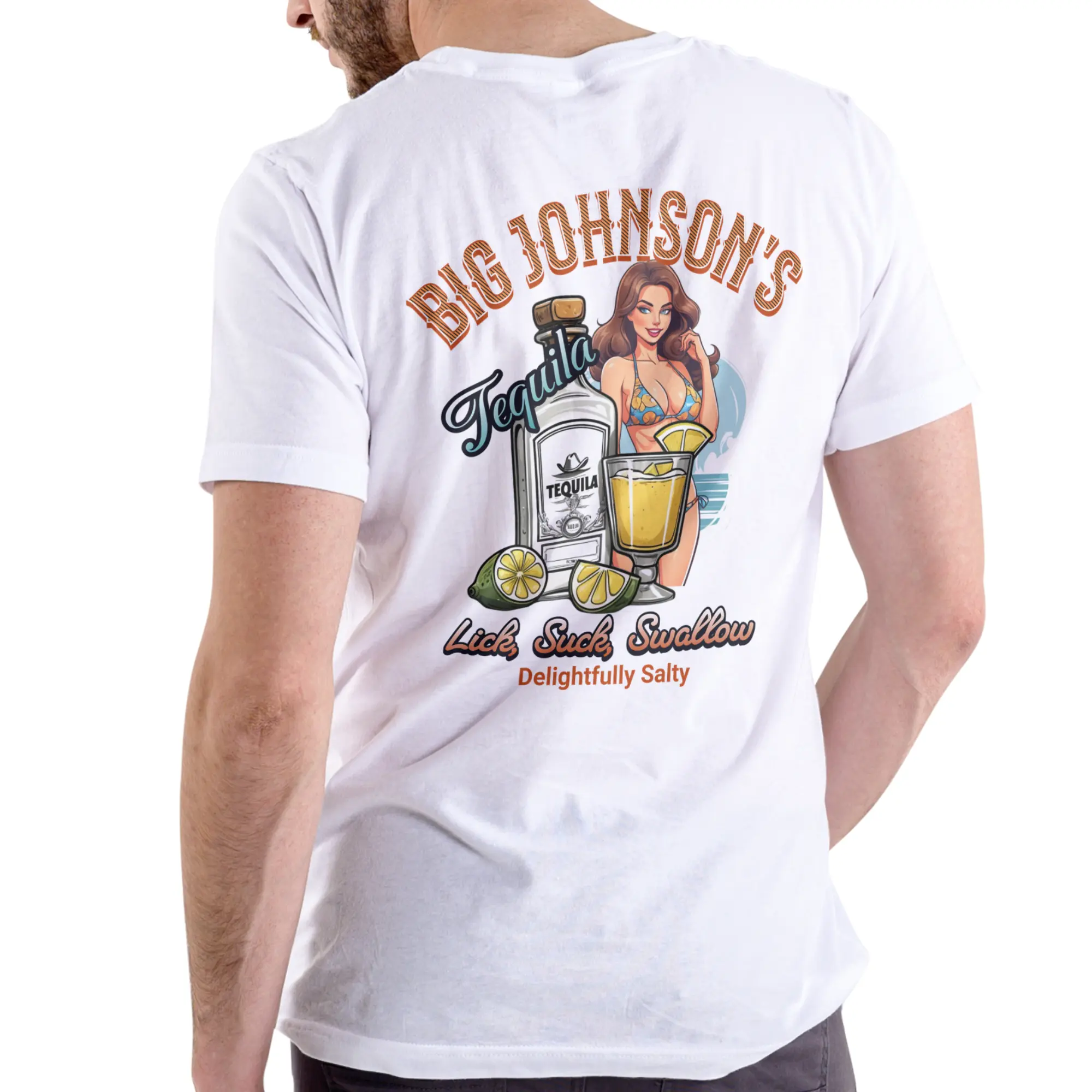 BIG JOHNSONS Unisex Round Neck Shortsleeve Cotton T-Shirt - Stylish Tequila 'Delightfully Salty' Graphic Print, Brand Recognition, Machine Washable, All Seasons Menswear Top, Tshirt, Brand Appeal