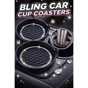 Universal Car Cup Coasters, Non-Slip Rhinestone Holders for Drinks, Bling Crystal Interior Accessories, 2-Pack, Black