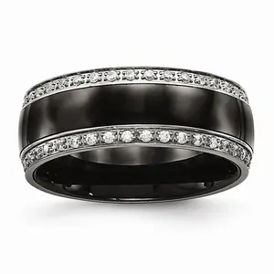 Stainless Steel Wedding Band with Polished Black Ceramic and CZ Elegance