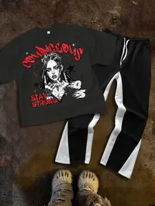 2-Piece Set for Teens (Boys & Girls): White Top with Black-and-White Paneled Pants, Short-Sleeve T-Shirt with Dark Graffiti Print + Slightly Flared Sweatpants. Relaxed and Breathable, Street-Style Cool, Perfect for Everyday Outings