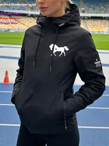 Women's Stylish Hooded Windbreaker Jacket Heart Accent Horse Front Print Outdoor Windproof Coat Lightweight Yet Warm Water-Resistant Breathable Durable for Young Ladies Daily Commute Leisure Outings in Spring Autumn Winter