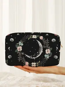Moon Flower Circle Pattern Plaid Makeup Bag, Colorful Lightweight Multi-Functional Casual Travel Cosmetic Pouch, All Seasons Use