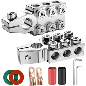 GJANSH Battery Terminal Connectors, 12-Way Battery Terminal Clamps, Battery Terminals Top Post 8AWG up to 4/0(XL) AWG Gauge, Positive and Negative (+/-)(1 Pair) for SAE/DIN/EN Tapered Top Post,fathersdaygift
