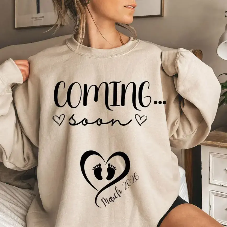 Custom Coming Soon Due Month Sweatshirt - Pregnancy Announcement Shirt Coming Soon T-Shirt Mom To Be Gift Baby Reveal Ideas Cotton Crewneck Fitted Garment