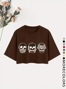 Women's Figure Print Round Neck Short Sleeve Crop Tee, Fashion Casual Crew Neck Drop Shoulder T-Shirt for Daily Holiday Vacation Outdoor Wear, Ladies Clothes for Summer, Halloween