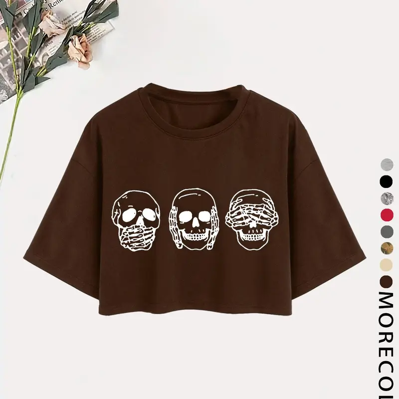 Women's Figure Print Round Neck Short Sleeve Crop Tee, Fashion Casual Crew Neck Drop Shoulder T-Shirt for Daily Holiday Vacation Outdoor Wear, Ladies Clothes for Summer, Halloween