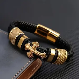 Men's Fashion Cross Pendant Bracelet - 1-Piece Bangle with Metal Buckle, Magnetic Closure, Decoration Jewelry, Casual Accessory Gift for Boyfriends