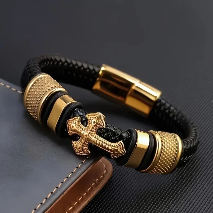 Men's Double Layered Cross Cuff Bracelet, Casual Metal Jewelry with a Secure Magnetic Clasp, Fashion Gift for Him, Double Layered Bracelets, Cross Pendant, Casual Wear, Magnetic Buckle